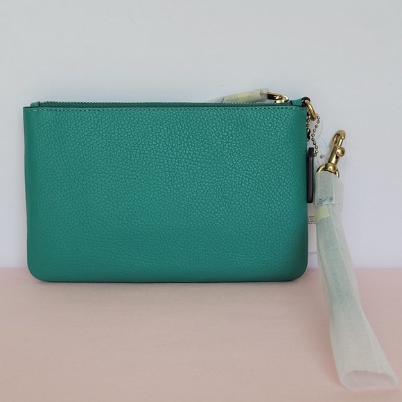 COACH Small Wristlet in Polished Pebbled Leather -Bright Green Color - Picture 9 of 16